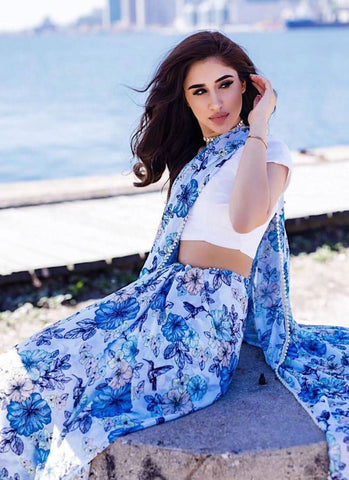 Marvellous Sky Blue Digital Printed Georgette Base Trendy Saree -Saree XS women's fashion mart
