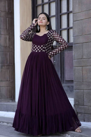 Mesmerizing Faux Georgette Sequins Zari Embroidered Gown -Gowns Wine / S women's fashion mart