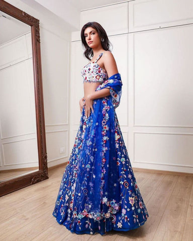 Multi colour thread embroidery sequence work lehenga choli -Lehenga Choli Blue women's fashion mart