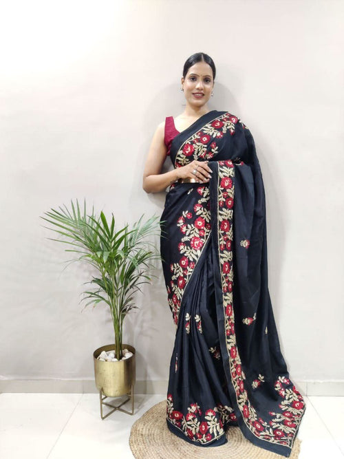 1 Min ready to wear embroidery sequins work on black colour saree -Georgette Saree Black women's fashion mart