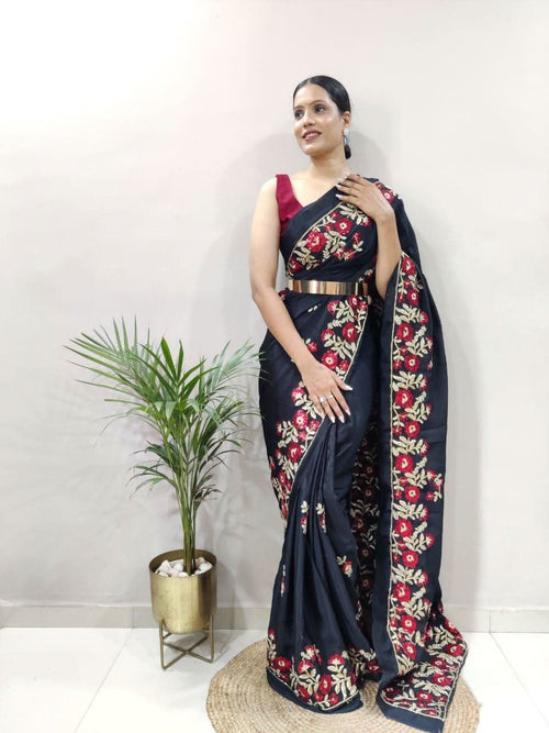 1 Min ready to wear embroidery sequins work on black colour saree -Georgette Saree Black women's fashion mart