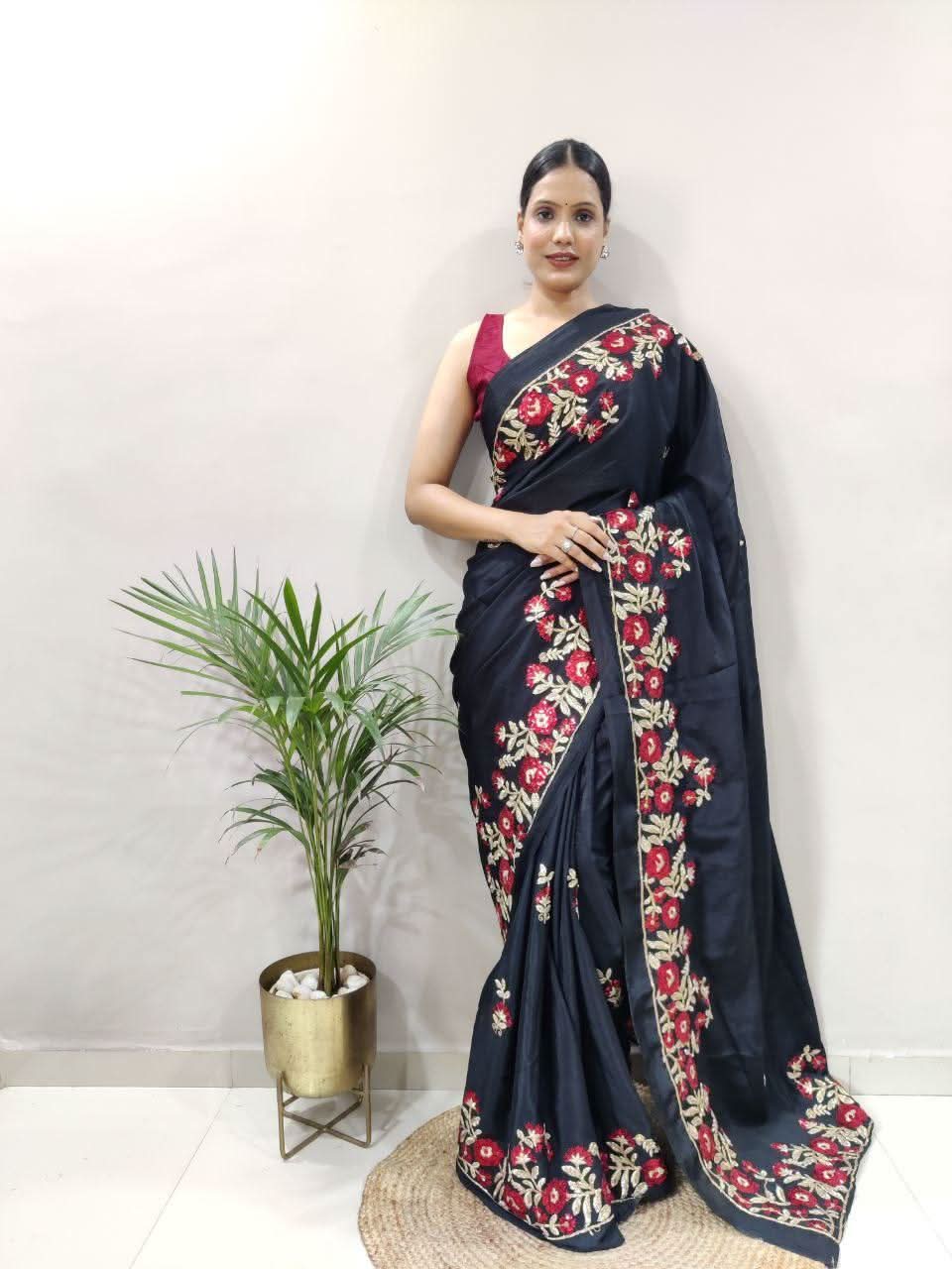1 Min ready to wear embroidery sequins work on black colour saree -Georgette Saree Black women's fashion mart