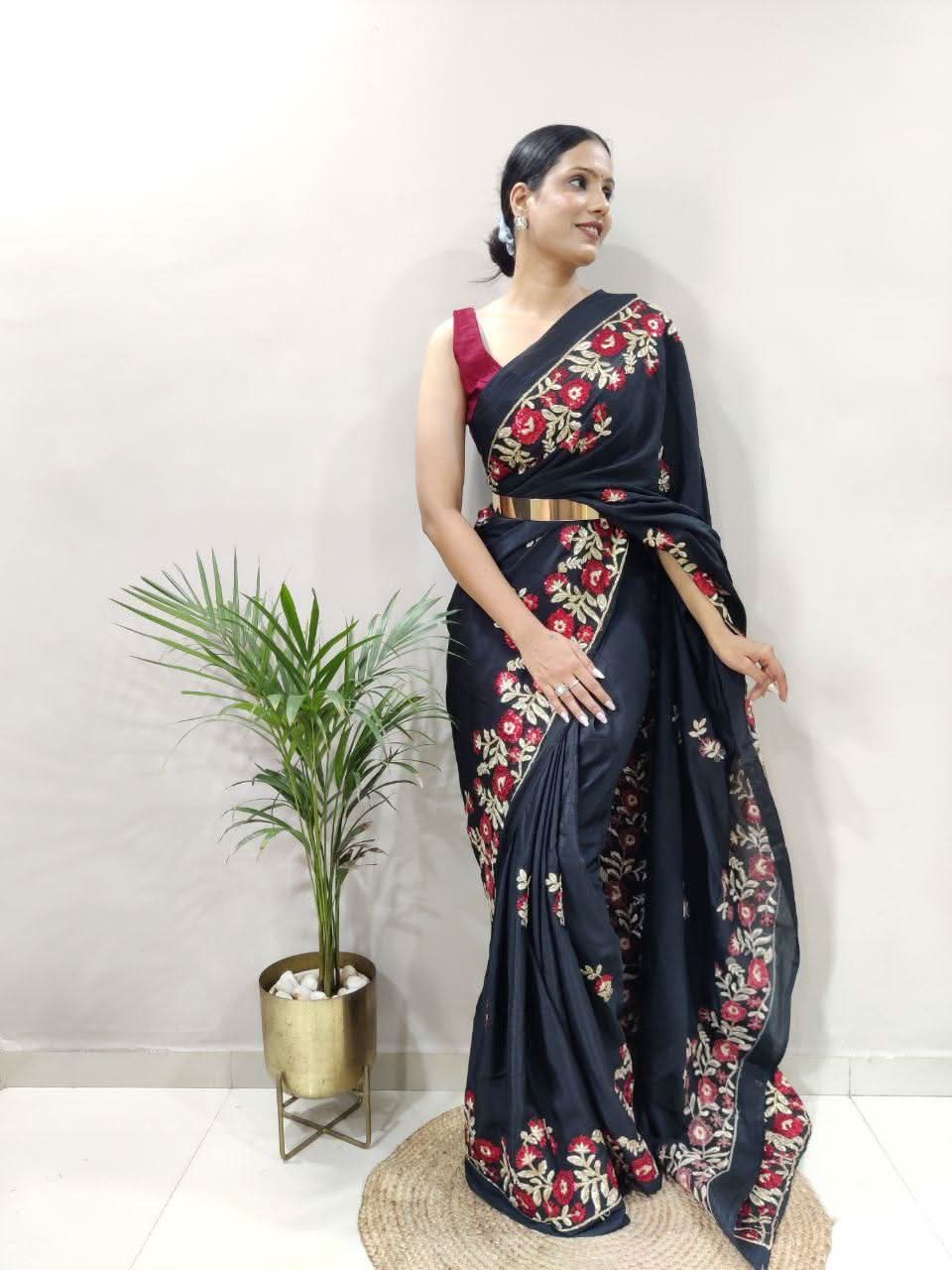 1 Min ready to wear embroidery sequins work on black colour saree -Georgette Saree Black women's fashion mart