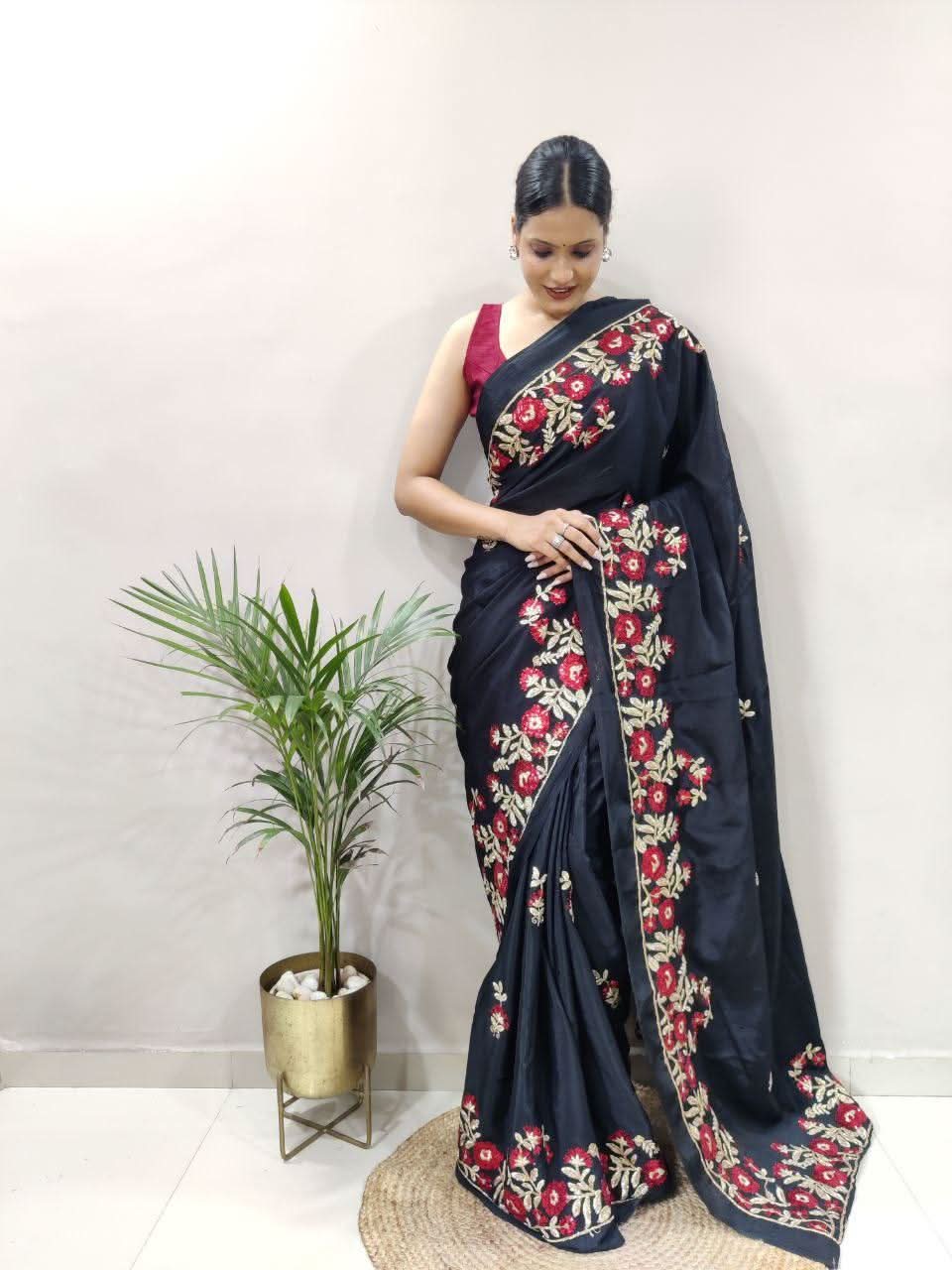 1 Min ready to wear embroidery sequins work on black colour saree -Georgette Saree Black women's fashion mart