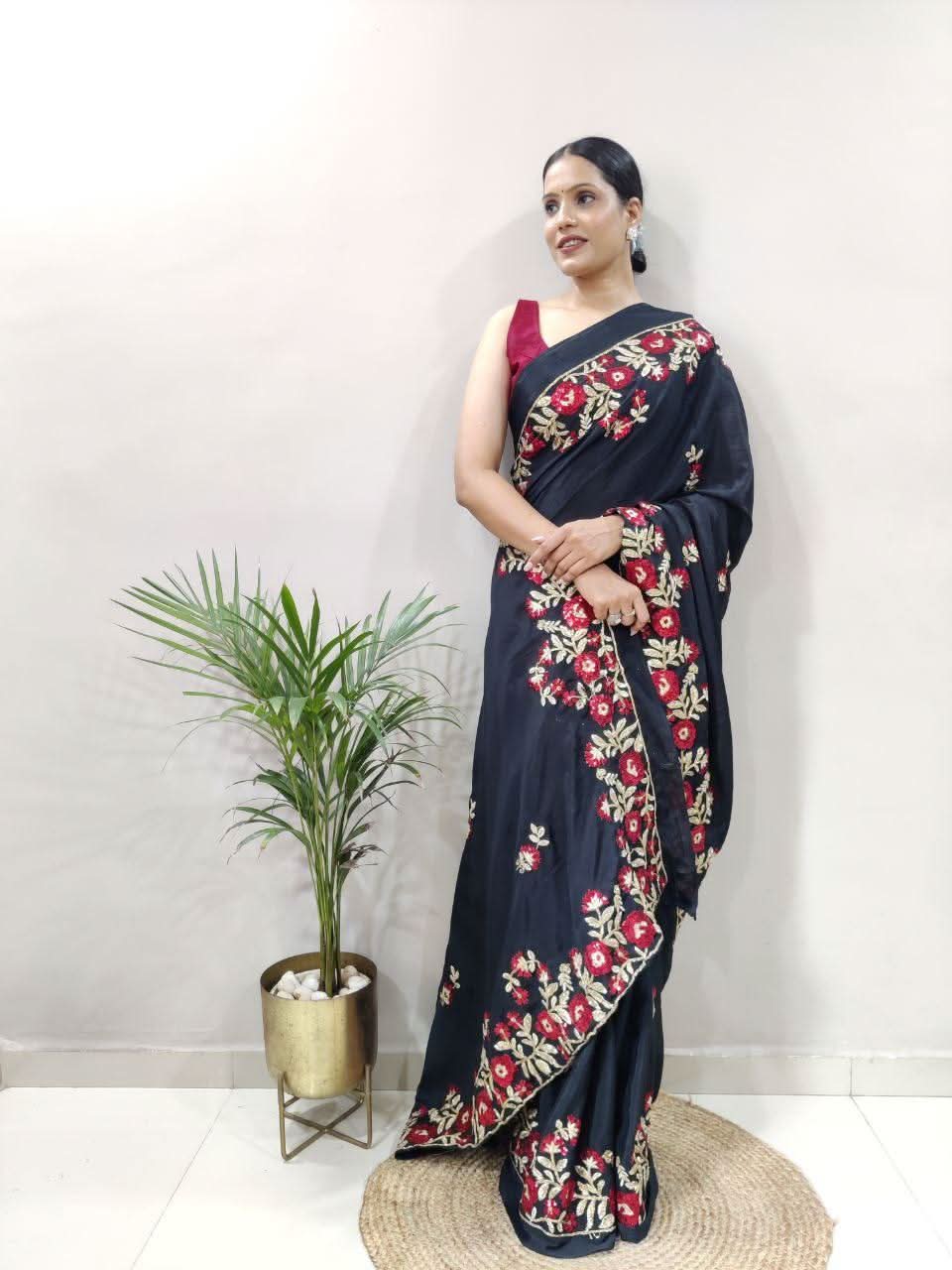 1 Min ready to wear embroidery sequins work on black colour saree -Georgette Saree Black women's fashion mart