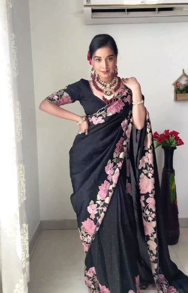 1 Min ready to wear thread embroidery with pearl work on black colour saree -Georgette Saree Default Title women's fashion mart