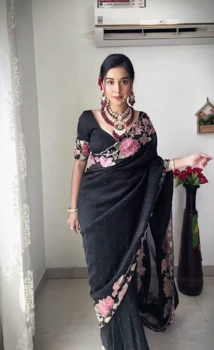 1 Min ready to wear thread embroidery with pearl work on black colour saree -Georgette Saree Default Title women's fashion mart