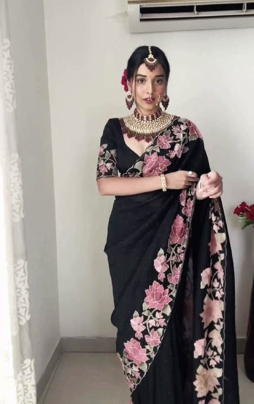 1 Min ready to wear thread embroidery with pearl work on black colour saree -Georgette Saree Default Title women's fashion mart