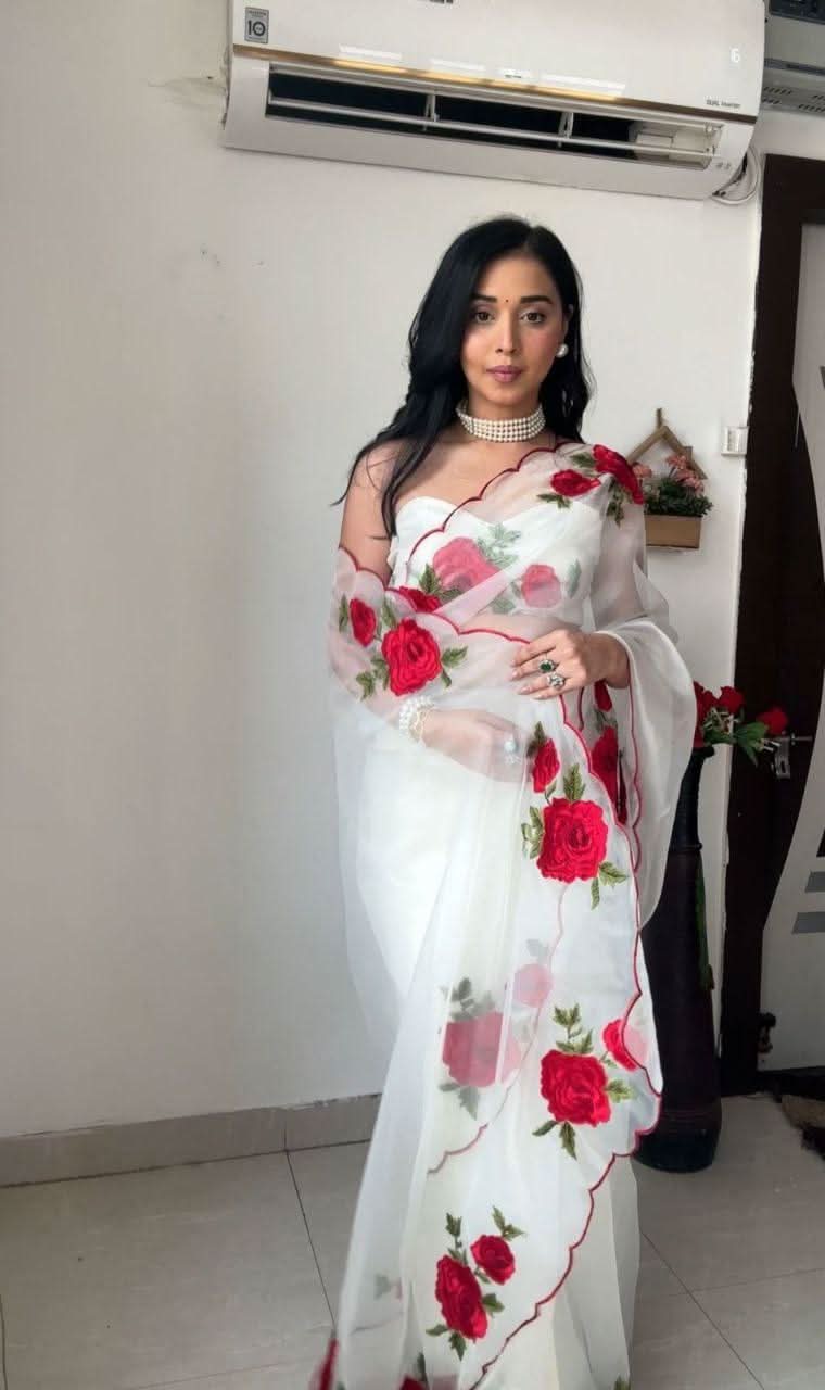 1 Min ready to wear rose thread embroidery work saree -Georgette Saree Default Title women's fashion mart