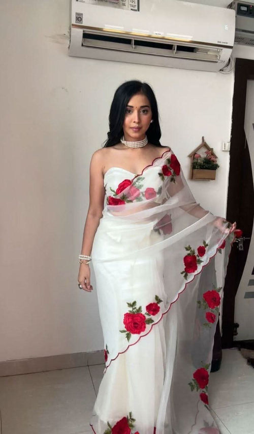 1 Min ready to wear rose thread embroidery work saree -Georgette Saree Default Title women's fashion mart