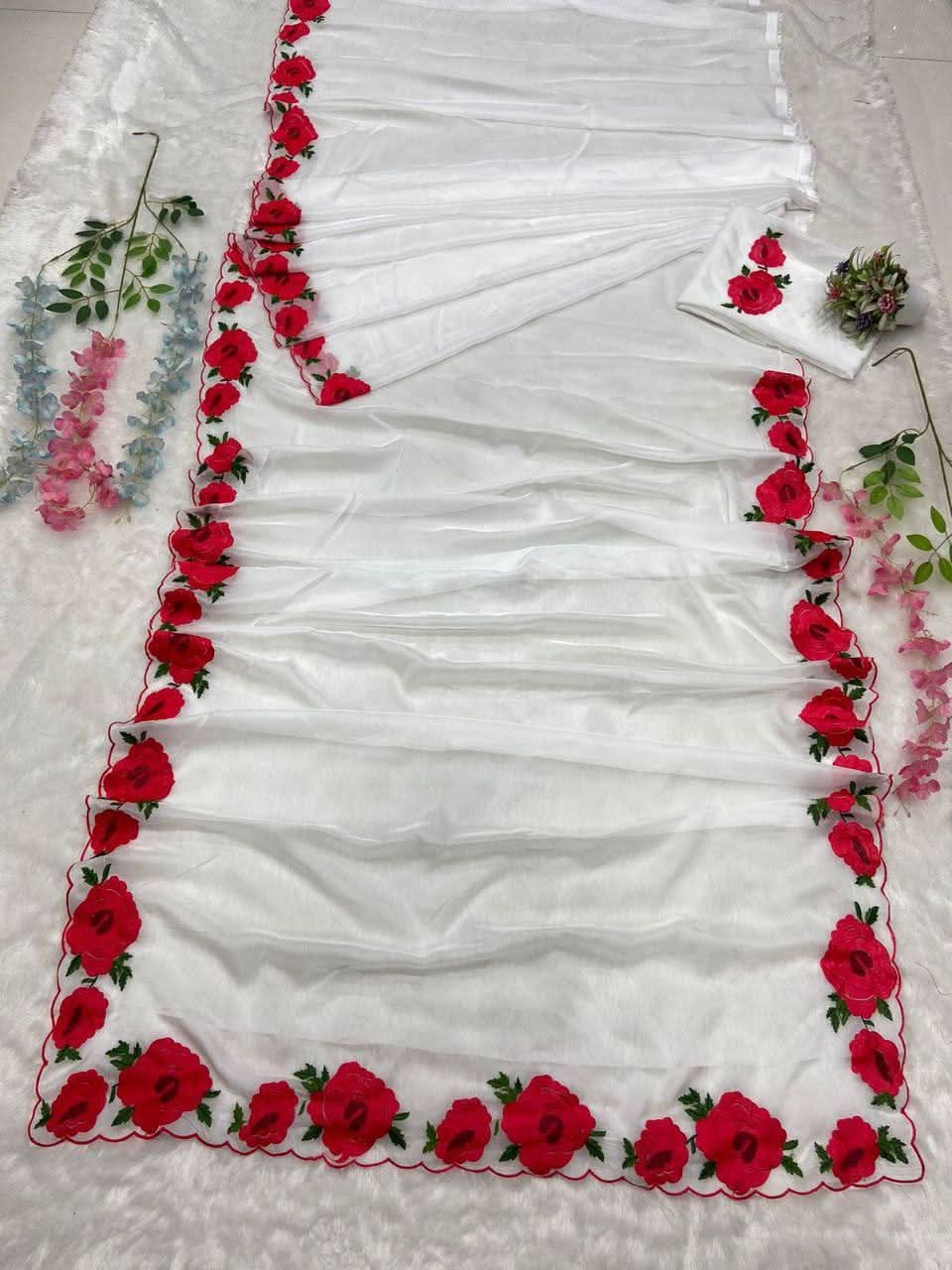 1 Min ready to wear rose thread embroidery work saree -Georgette Saree Default Title women's fashion mart