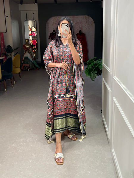 Multi Color Ajrakh Digital Printed Gaji Silk Kaftan - women's fashion mart