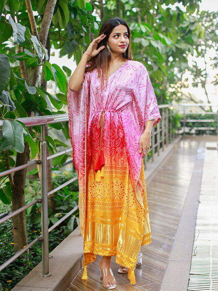 Multi Color Digital Bandhej Print Pure Gaji Silk Kaftan - women's fashion mart