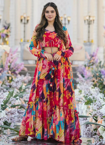 Multicolored Heavy Chinon Floral Printed Jacket Style Sharara Set - women's fashion mart