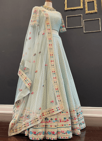 Multi Thread Embroidery Work Sky Blue chaniya choli Online - women's fashion mart