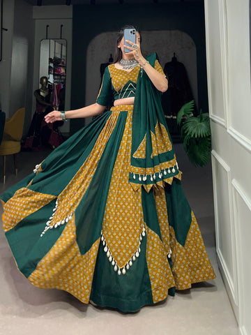 Mustard & Green Colored Pure Cotton Navratri Wear Lehenga Set - women's fashion mart