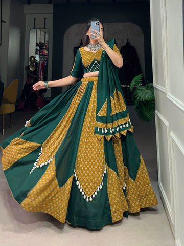 Mustard & Green Colored Pure Cotton Wear Lehenga Set -Lehenga Choli XS women's fashion mart
