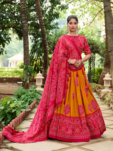 Mustard Color Bandhej Printed Tussar Silk Women Wear Lehenga Choli - women's fashion mart