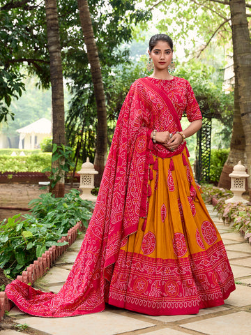 Mustard Color Bandhej Printed Tussar Silk Women Wear Lehenga Choli - women's fashion mart