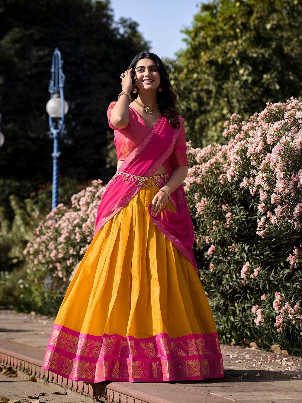 Mustard Color Zari Weaving Work Kanchipuram South Indian Lehenga Choli -south culture Unstitched / Semi-Stitched women's fashion mart