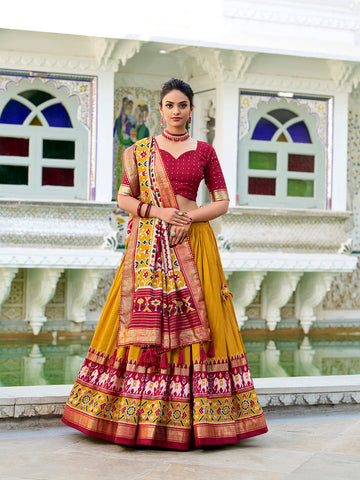 Mustard Color Patola Print With Foil Work Tussar Silk Lehenga Choli - women's fashion mart