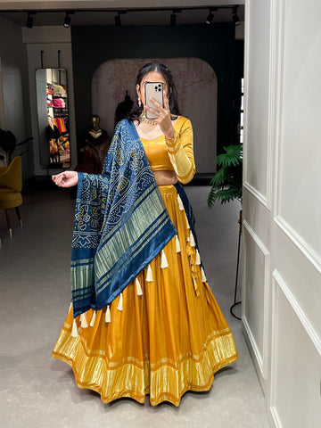 Mustard Color Dyeing With Lagdi Patta Gaji Silk Lehenga Choli - women's fashion mart