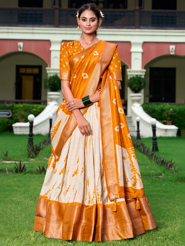 Mustard Color Shibori Print With Zari Weaving Border Dola Silk Chaniya Choli - women's fashion mart