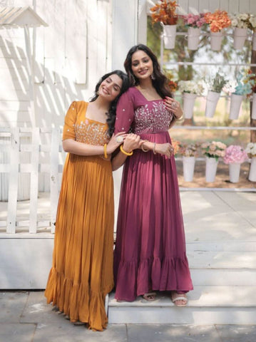 Mustard Yellow Anarkali Dress with Intricate Embroidery - women's fashion mart