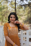 Mustard Yellow Anarkali Dress with Intricate Embroidery - women's fashion mart