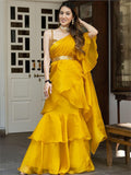 Mustard Yellow Organza Ruffle Saree -Saree Semi Stitched women's fashion mart