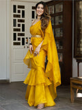Mustard Yellow Organza Ruffle Saree -Saree Semi Stitched women's fashion mart