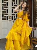 Mustard Yellow Organza Ruffle Saree -Saree Semi Stitched women's fashion mart