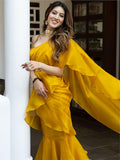 Mustard Yellow Organza Ruffle Saree -Saree Semi Stitched women's fashion mart