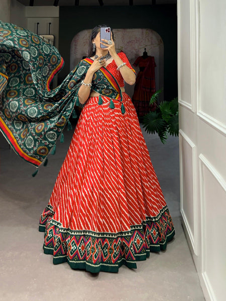 Navratri Wear Tussar Silk Leheriya Printed Lehenga Choli Set - women's fashion mart