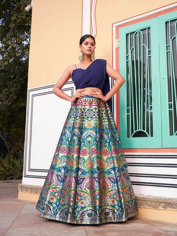 Navy Blue Color Zari Weaving Work Banarasi Silk Lehenga Choli - women's fashion mart