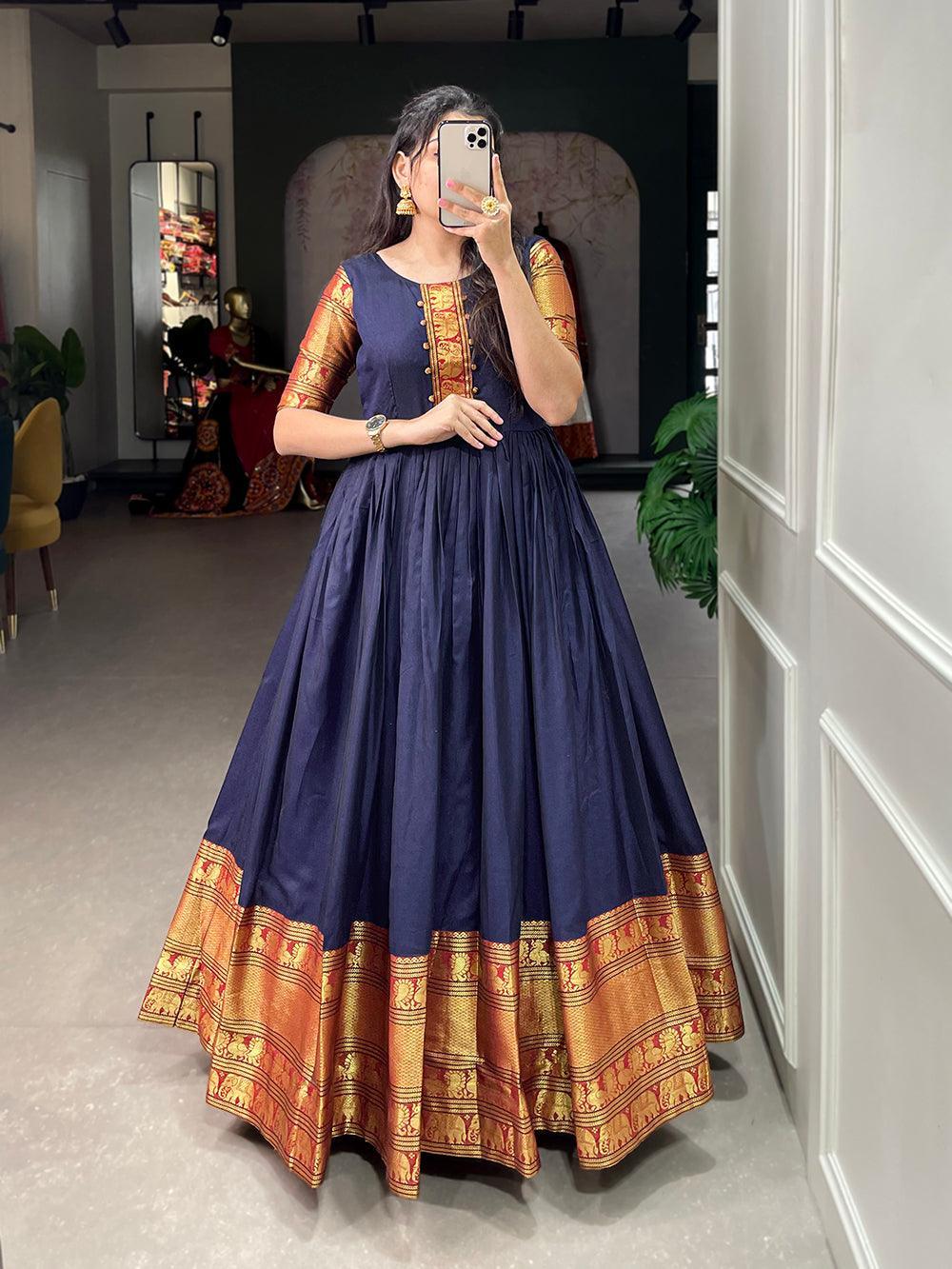 Navy Blue Color Zari Weaving Work Narayan Pet (Cotton) Dress -onam collection Free Size women's fashion mart