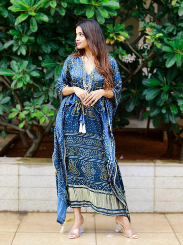 Navy Blue Color Digital Bandhej Printed Pure Gaji Silk Kaftan -kaftan kurta Default Title women's fashion mart
