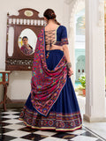 Navy Blue Color Gamthi Print And Embossed Design Tussar Silk Lehenga Choli