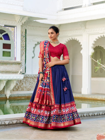 Navy Blue Color Ikkat Patola Print With Foil Work Tussar Silk Lehenga Choli - women's fashion mart