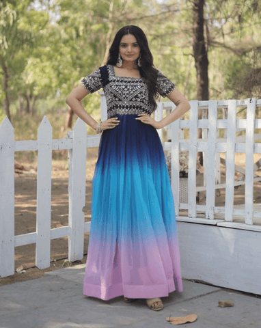 Navy Blue Color Shaded Gown With Zari Work - women's fashion mart