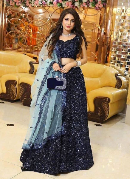 Navy Blue Sequined Velvet Lehenga Choli Set -Lehenga Choli Semi Stitched women's fashion mart