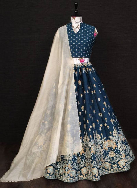 Navy Blue Silk Base Lehenga Choli -Lehenga Choli Semi Stitched women's fashion mart