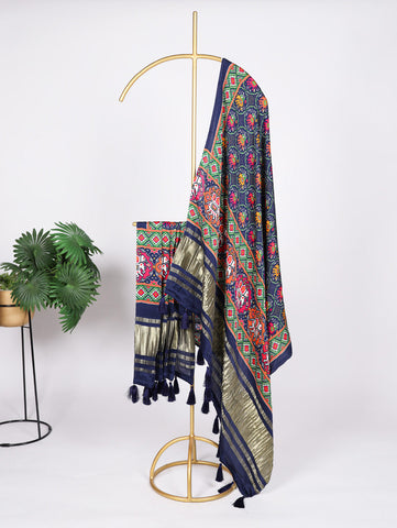 Navy Blue Color Digital Print And Lagadi Patta Gaji Silk Dupatta - women's fashion mart