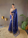 Beautiful Navy Blue Embroidery Butti With Cut Work Silk Saree