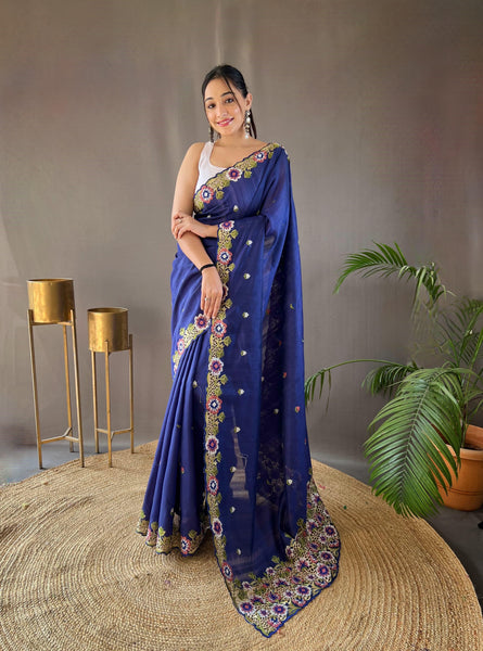 Beautiful Navy Blue Embroidery Butti With Cut Work Silk Saree