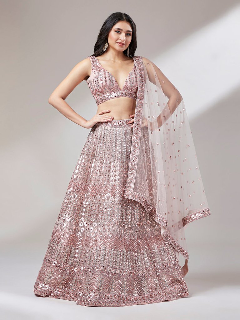 Net Mirror & Sequins Embroiderey Semi - Stitched Lehenga choli - women's fashion mart