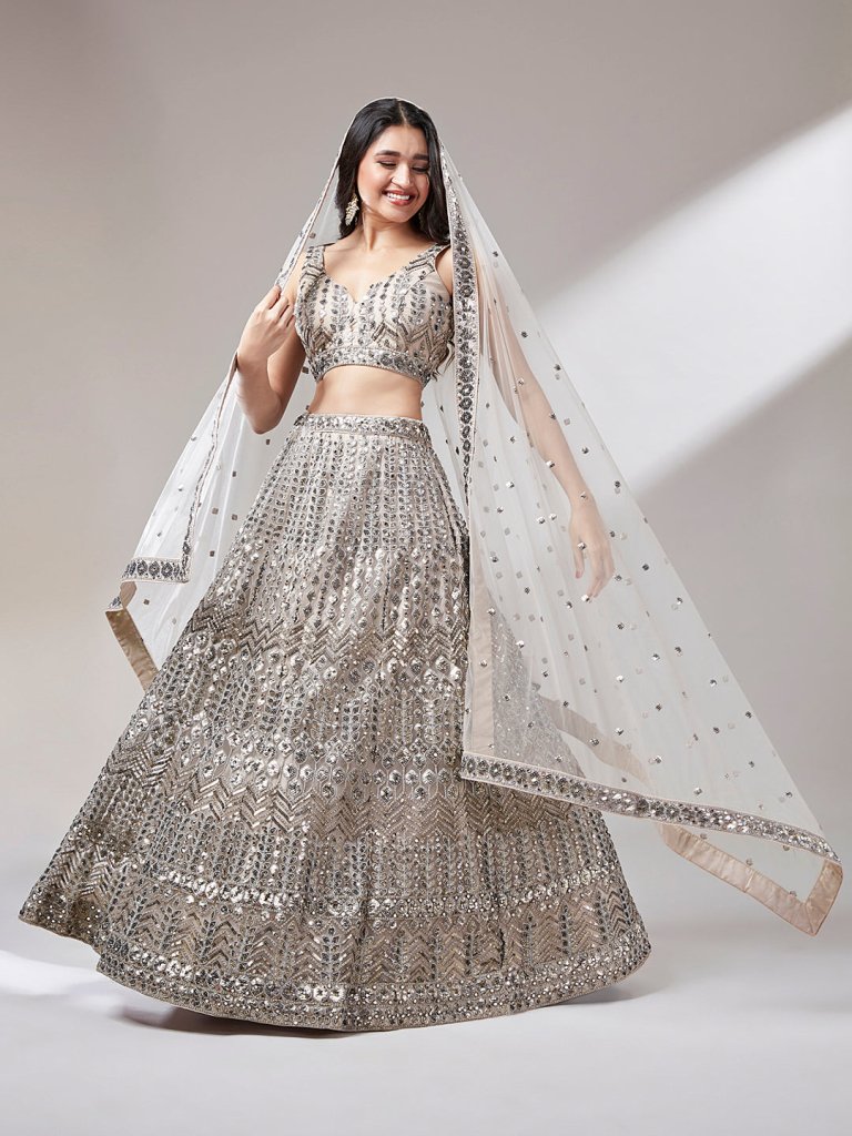 Net Mirror & Sequins Embroiderey Semi - Stitched Lehenga choli - women's fashion mart