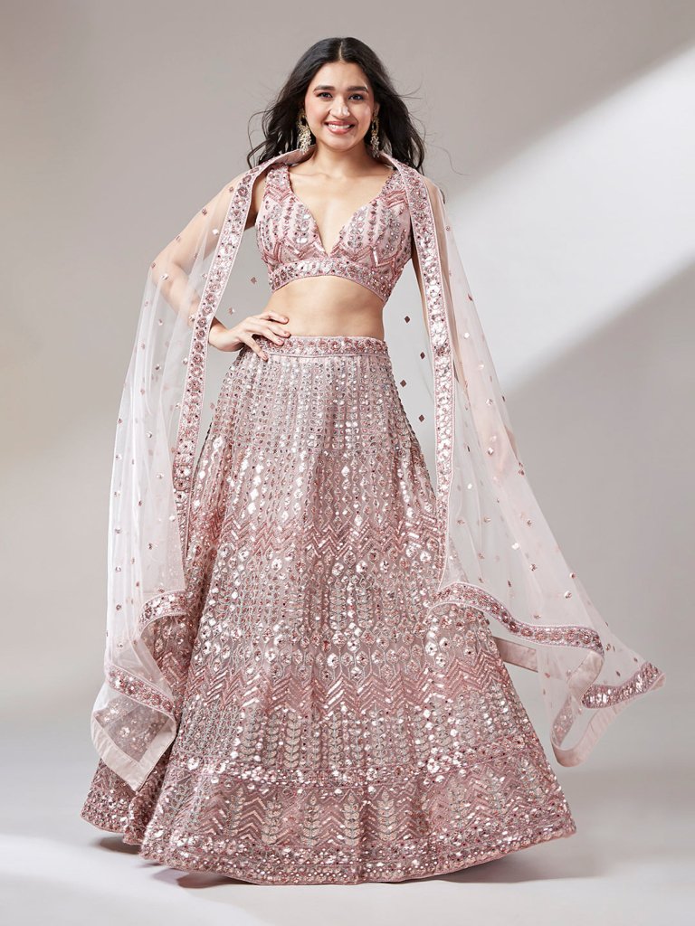 Net Mirror & Sequins Embroiderey Semi - Stitched Lehenga choli - women's fashion mart