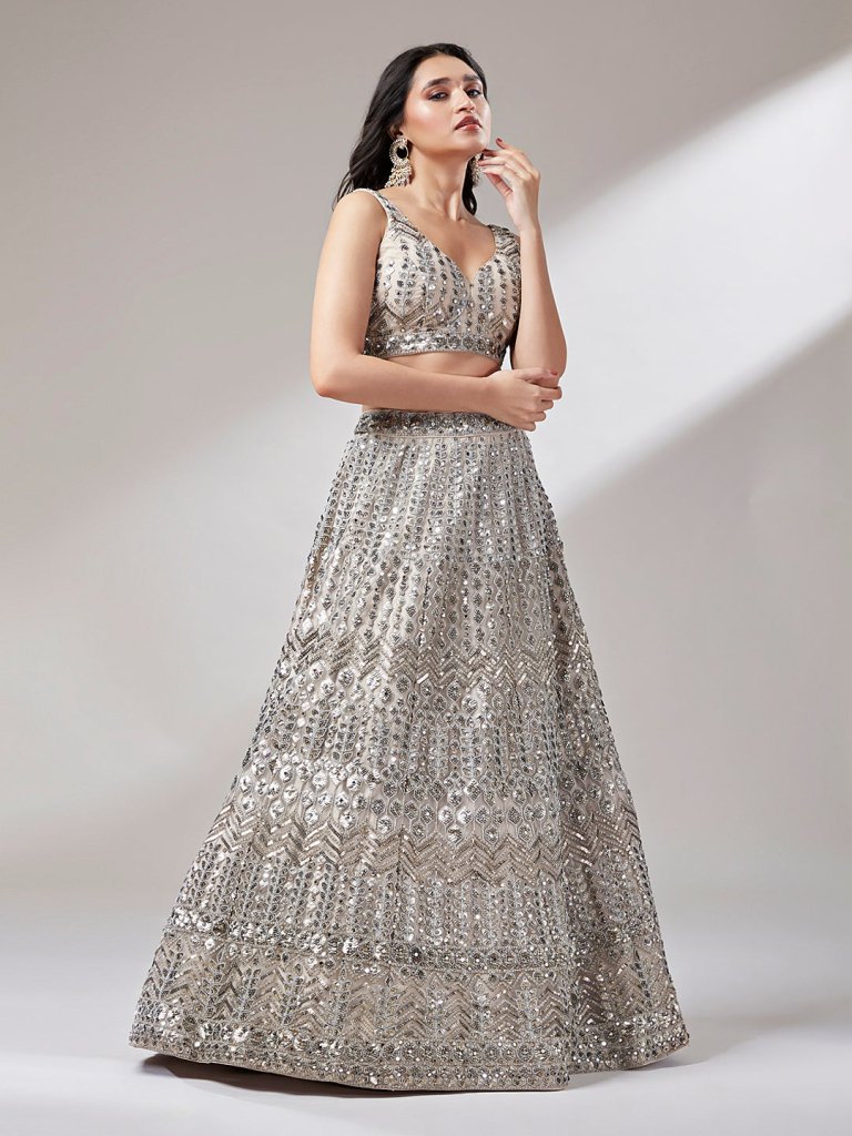 Net Mirror & Sequins Embroiderey Semi - Stitched Lehenga choli - women's fashion mart