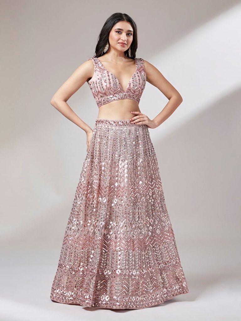 Net Mirror & Sequins Embroiderey Semi - Stitched Lehenga choli - women's fashion mart